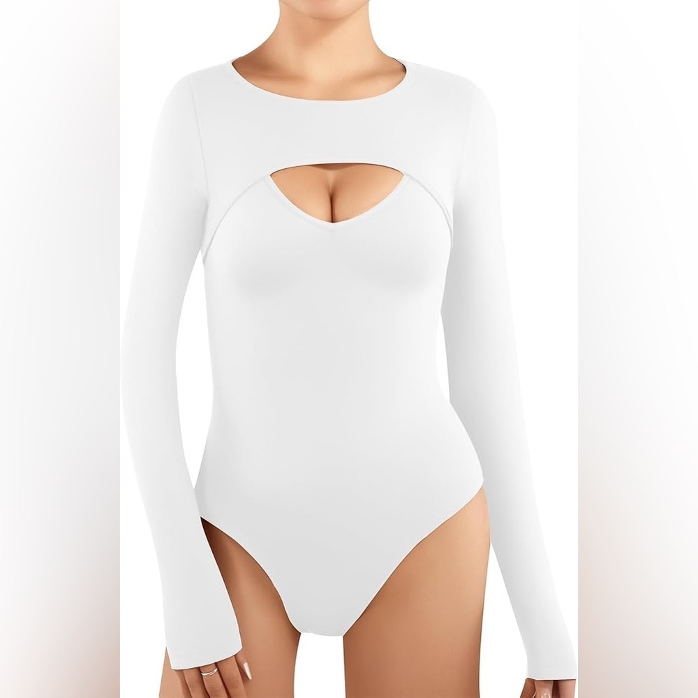 Sexy Front Cutout Long Sleeve Bodysuit for Women Round Neck Body Suit NWT